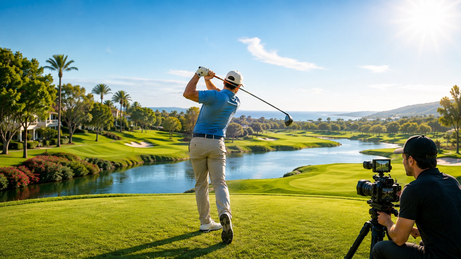 Golfjátékos tóparti fairway-en
